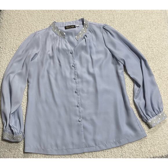 Bob Mackie Wearable Art Womens Sz Small Pearl Split Neckline Button Up Top Blue - Picture 1 of 10